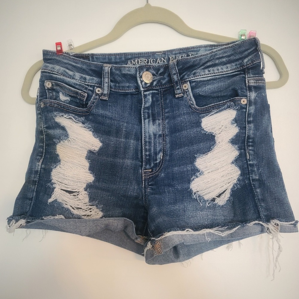 AMERICAN EAGLE HIGH RISE SHORTIE STRETCH WOMENS DISRESSED JEAN SHORTS SZ 6